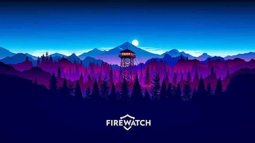 Firewatch digital, ilustración de montañas moradas y azules fondo de pantalla