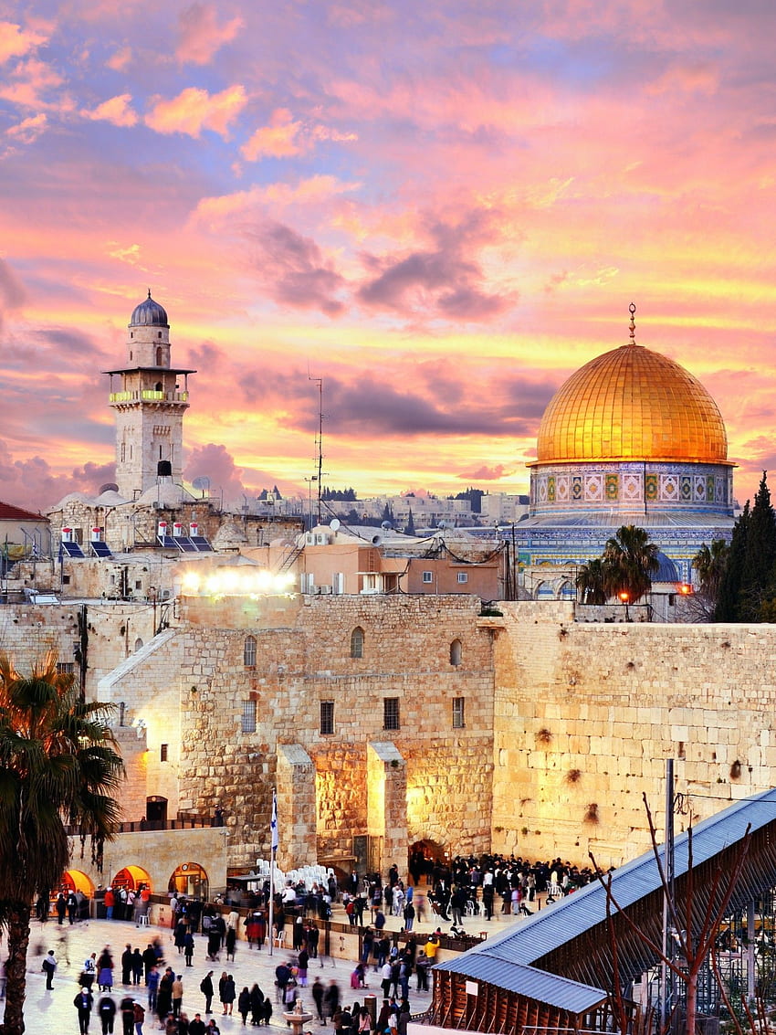 Йерусалим, Небе, Стена, Облаци, Залез, Западната стена HD тапет за телефон