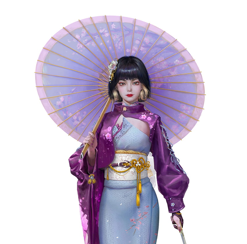 Girl with parasol, art, fantasy, parasol, lila, girl, achai, white, asian, purple, pink, luminos HD wallpaper