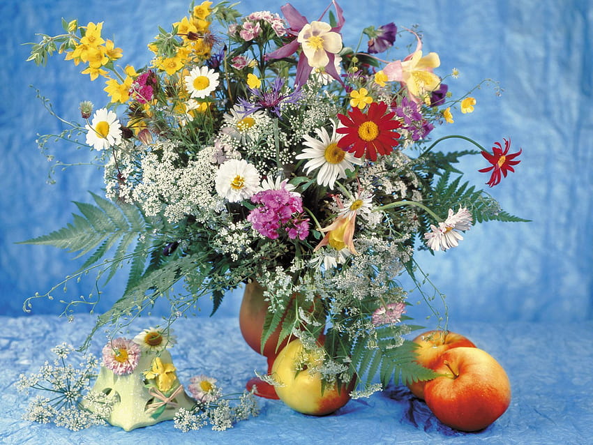 Flowers, Apples, Bouquet, Table, Vase, Daisies HD wallpaper