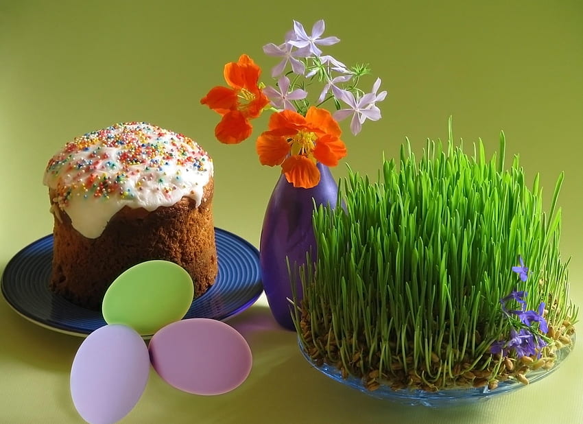 Holidays, Flowers, Eggs, Easter, Holiday, Cake, Plate, Vase, Sprouts, Kulich HD wallpaper