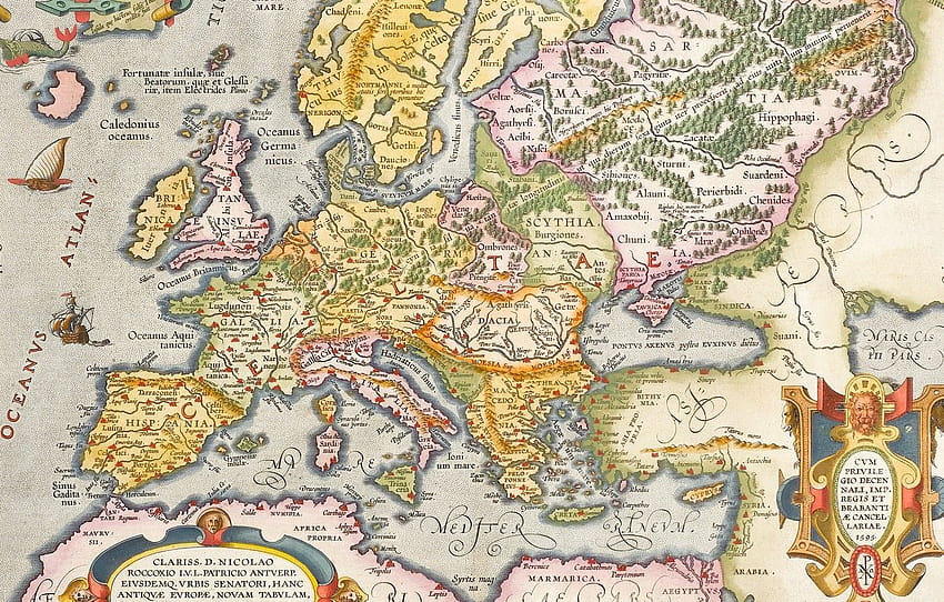 Europa, mapas antigos, mapas antigos, Mapa gravado colorido à mão, Europa antiga, Antuérpia, 1603, Abraham Ortelius, Abraham Ortelli, Antuérpia 1603 para , seção разное papel de parede HD