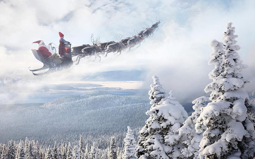 Here Comes Santa Claus, musim dingin, danau, rusa kutub, salju, natal, pegunungan, santa Wallpaper HD