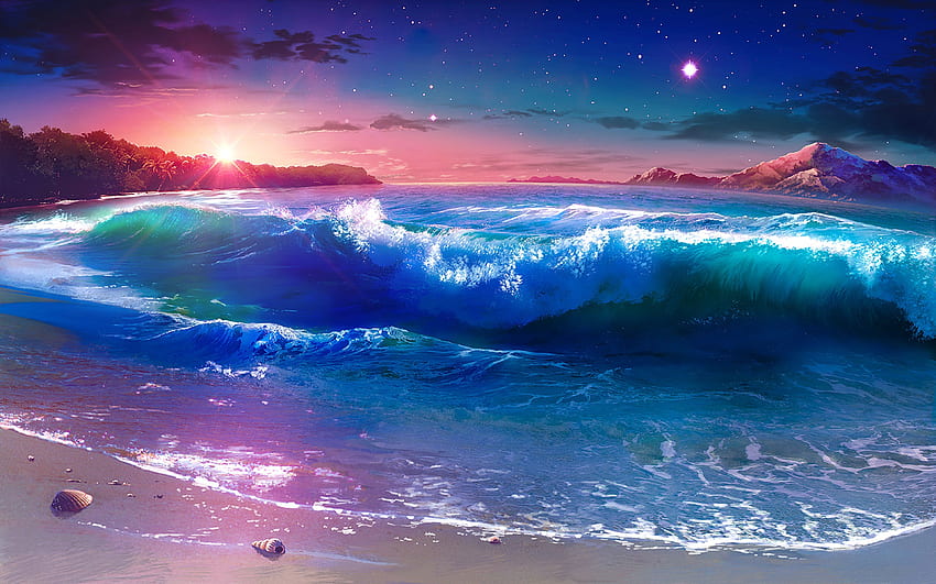 Puesta de sol Oscurecimiento Playa de arena Mar Olas Montañas Bosque tropical Palmeras Cielo Nubes Noche Paisaje Fantasía Arte fondo de pantalla
