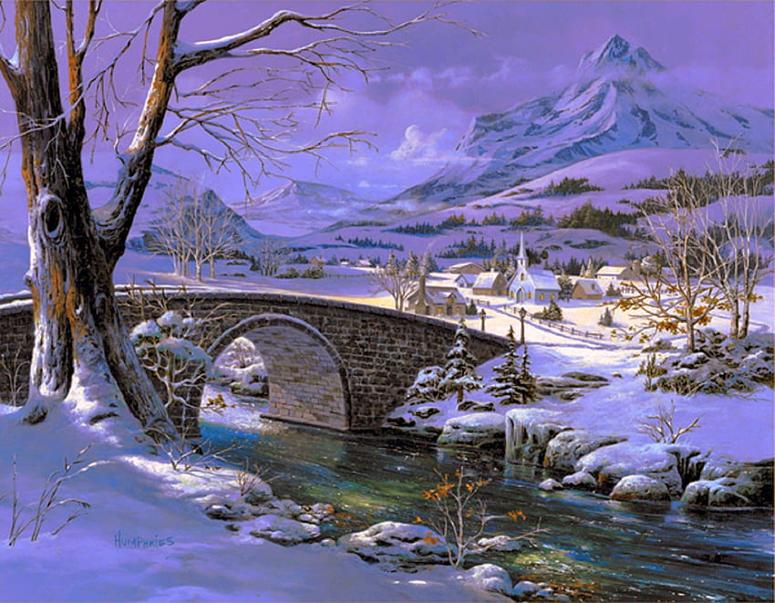 Снежни села, зима, празници, атракции в сънищата, любов четири сезона, Коледа, села, сняг, коледа и нова година, мостове, планини, реки HD тапет