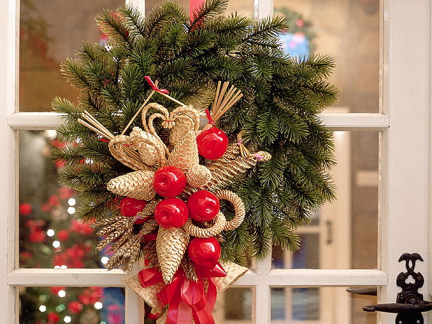 Pretty christmas wreath, holiday, christmas, wreath, red HD wallpaper