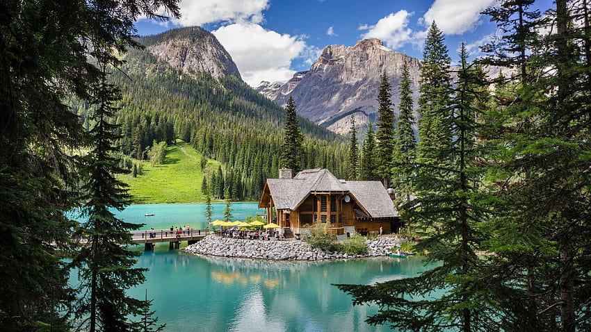 Emerald Lake Lodge, British Columbia, mountains, canada, house, clouds, trees, sky HD wallpaper