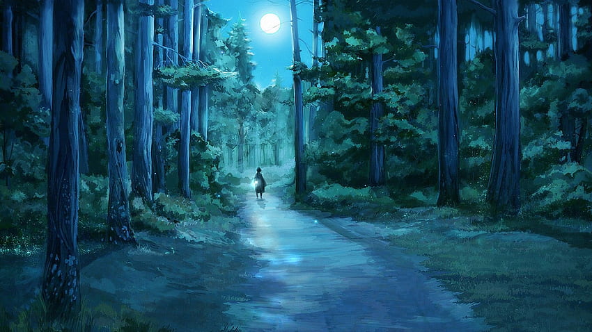 Forest In Night Time Drawing HD wallpaper