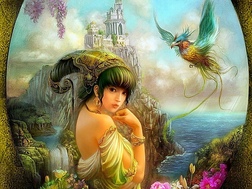 Fantezi Kız, kuş, fantezi, şelale, güzel, çiçekler, kız HD duvar kağıdı