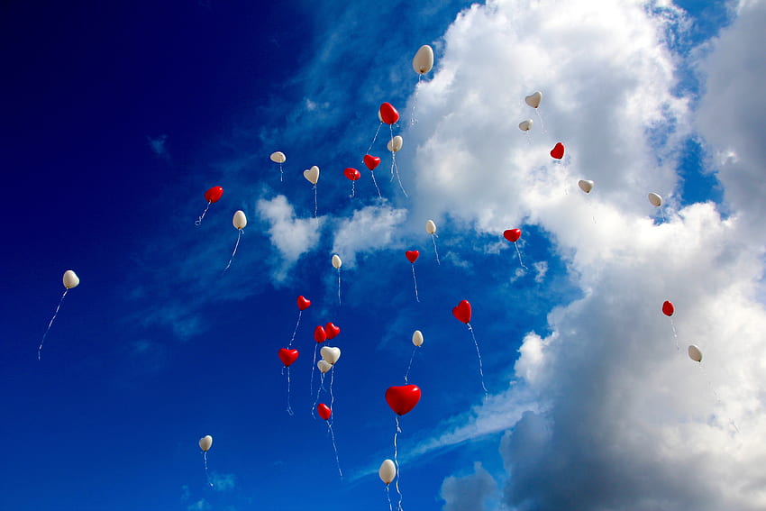 Любов, небе, сърца, облаци, балони HD тапет