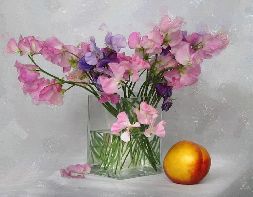 Kompozycja kwiatowa martwa natura, martwa natura, brzoskwinia, grafika, wazon, szkło, kwiaty Tapeta HD