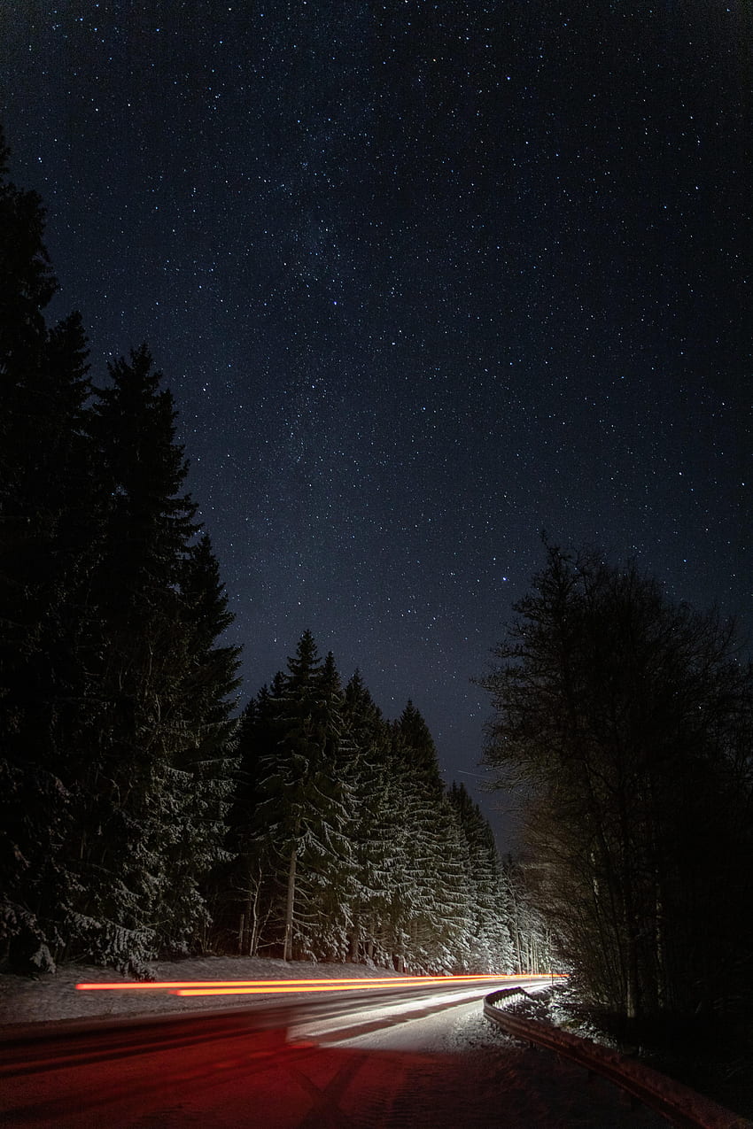 Winter, Night, Lights, Dark, Road, Long Exposure HD phone wallpaper