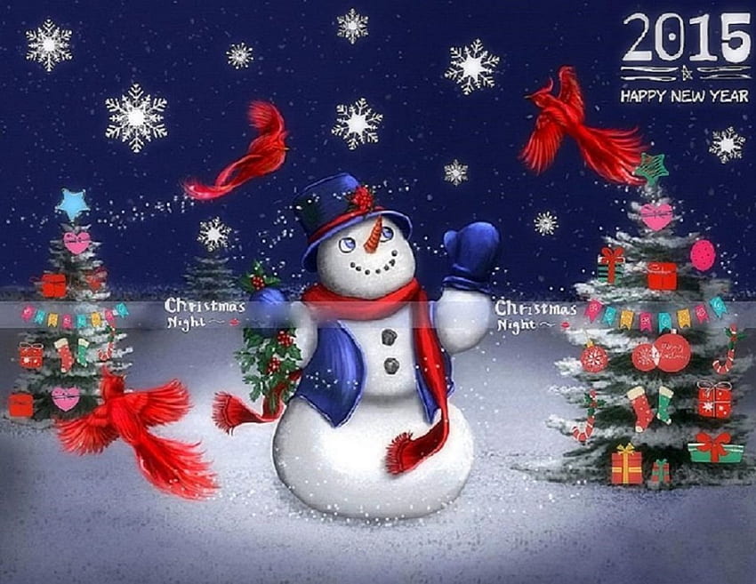 ★Christmas & New Year★, winter, holidays, birds, toys, winter holidays, gifts, snowman, love four seasons, snowflakes, christmas trees, Christmas, snow, happy, xmas and new year, cardinals HD wallpaper