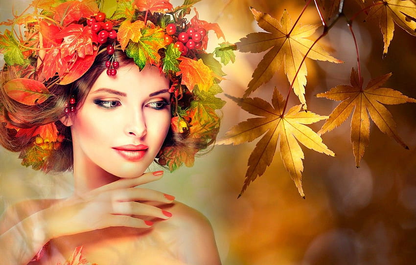 autumn, leaves, girl, branches, glare, berries, creative, Yellow Makeup HD wallpaper