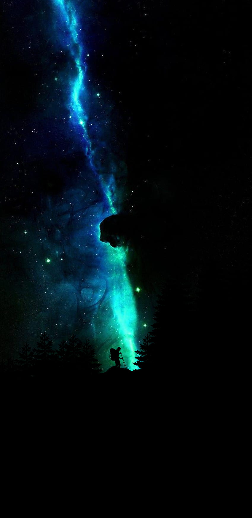 Galaxia, cielo, bosque, noche, hombre, caminante. fondo de pantalla del teléfono