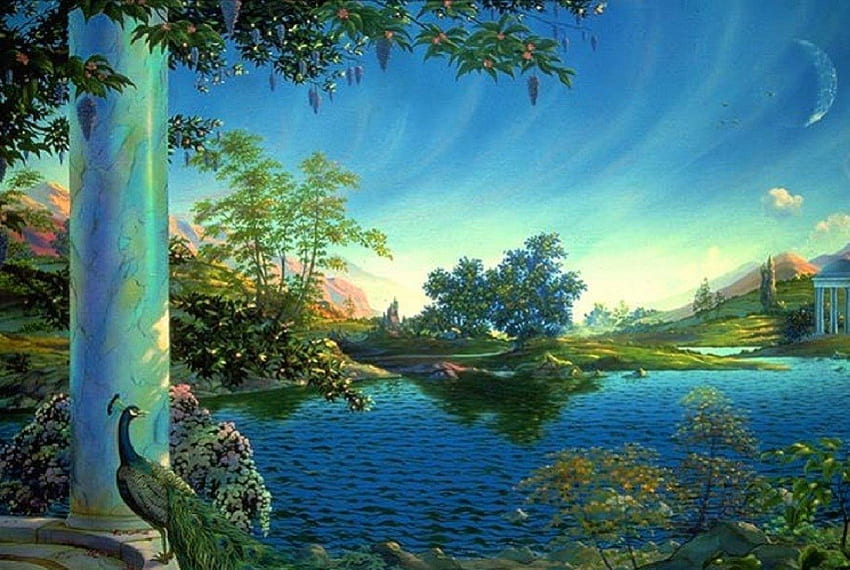 Ketenangan, hening, alam hijau dengan danau biru, pava, pegunungan, tenang Wallpaper HD