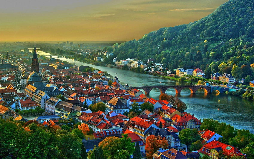 Heidelberg, Niemcy, rzeka, dom, kraj, domy, widok, natura, niebo, Niemcy, przepych Tapeta HD