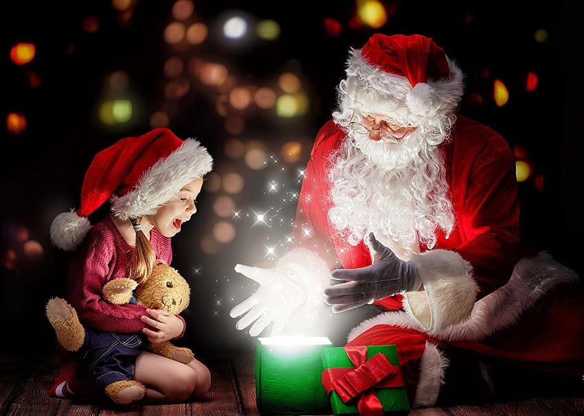 Little girls Magic Christmas joyful Children Two Winter, Santa Claus HD wallpaper