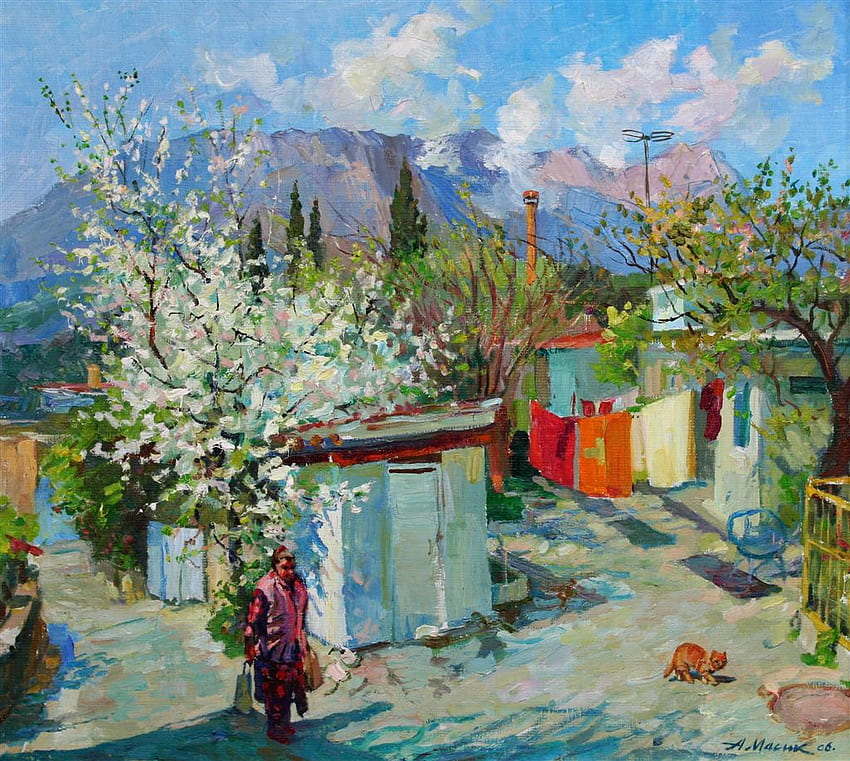 А.Масик. Весна, painting, art, view, people, tree HD wallpaper
