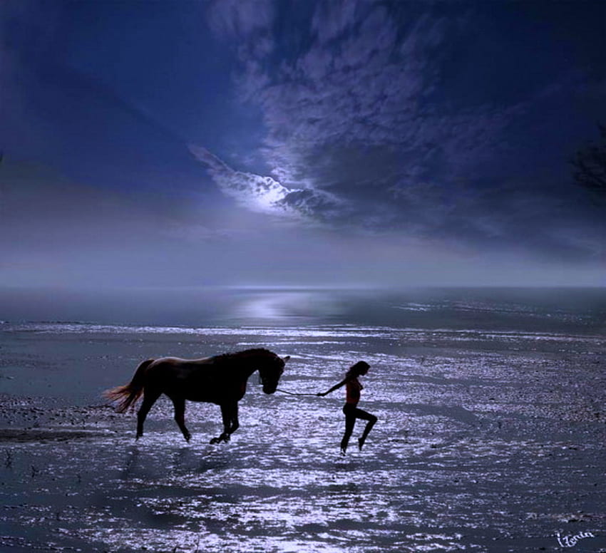 Friends in the blue, blue, horse, walk, woman, moon, clouds, friends, evening, ocean HD wallpaper