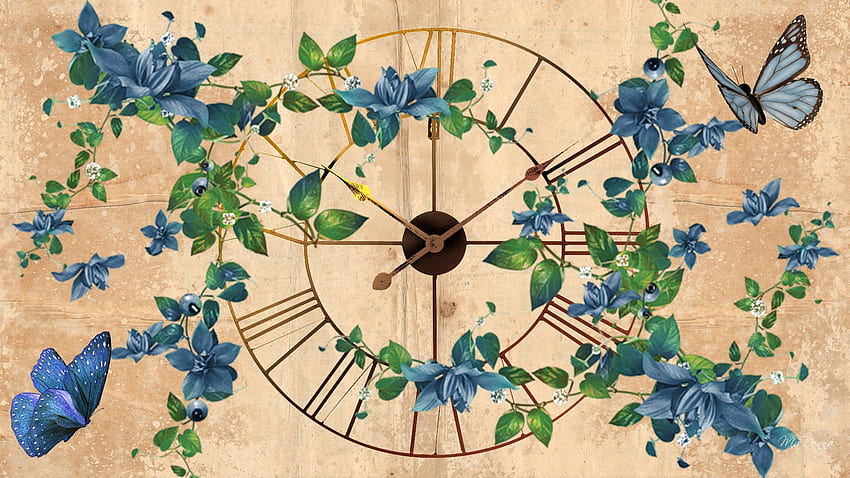 Blues Time, butterflies, abstract, time, firefox persona, daylight savings time, clock, parchment, blue flowers HD wallpaper
