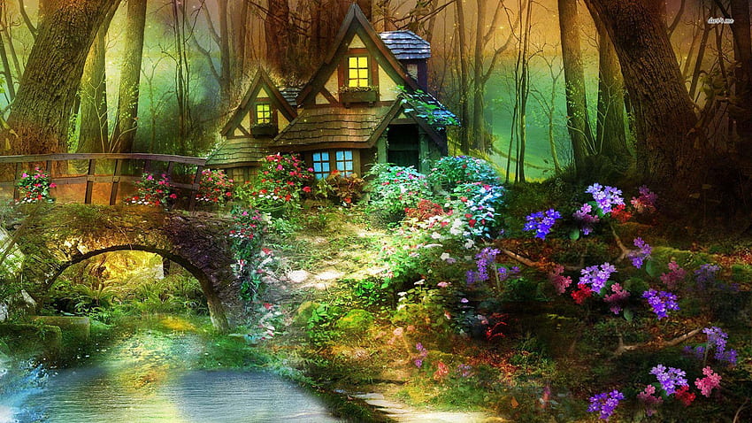 Enchanted Forest Background, Fairy Tree House HD wallpaper