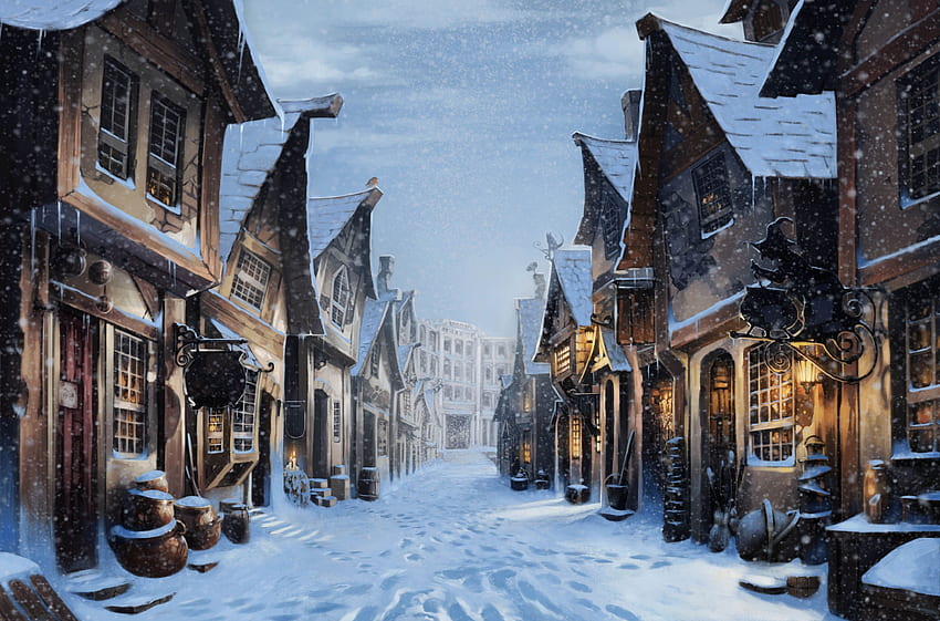 Diagon Alley, Harry Potter, Snow, Artwork HD wallpaper