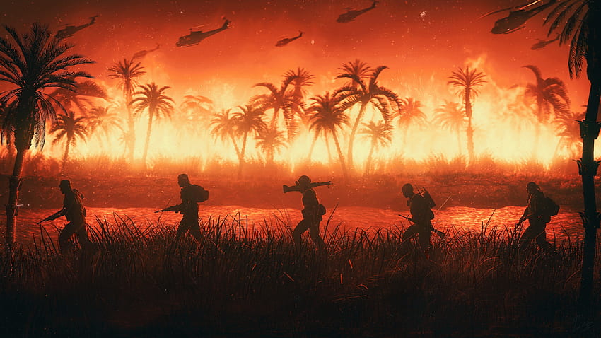 vietnam, soldiers, night, battle, landscape, pal trees, fire, art, dual wide, 16:9, , , background, 18331, Vietnam War Art HD wallpaper