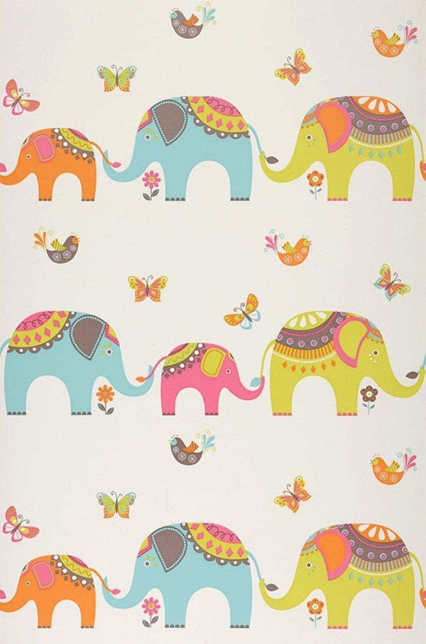 Papel de pared Elefantes. Papel de parede dos anos 70. Elefante, flores vintage, dibujo de elefante, patrón de elefante lindo fondo de pantalla del teléfono
