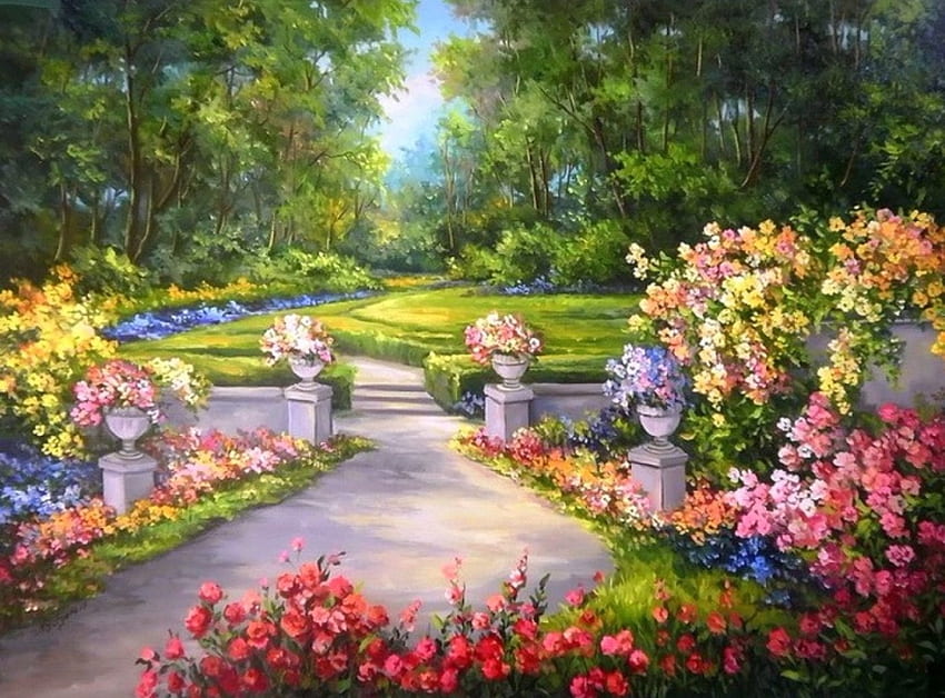 夏咲く、夢の名所、絵画、庭園、夏、公園、恋する四季、自然、花、花 高画質の壁紙