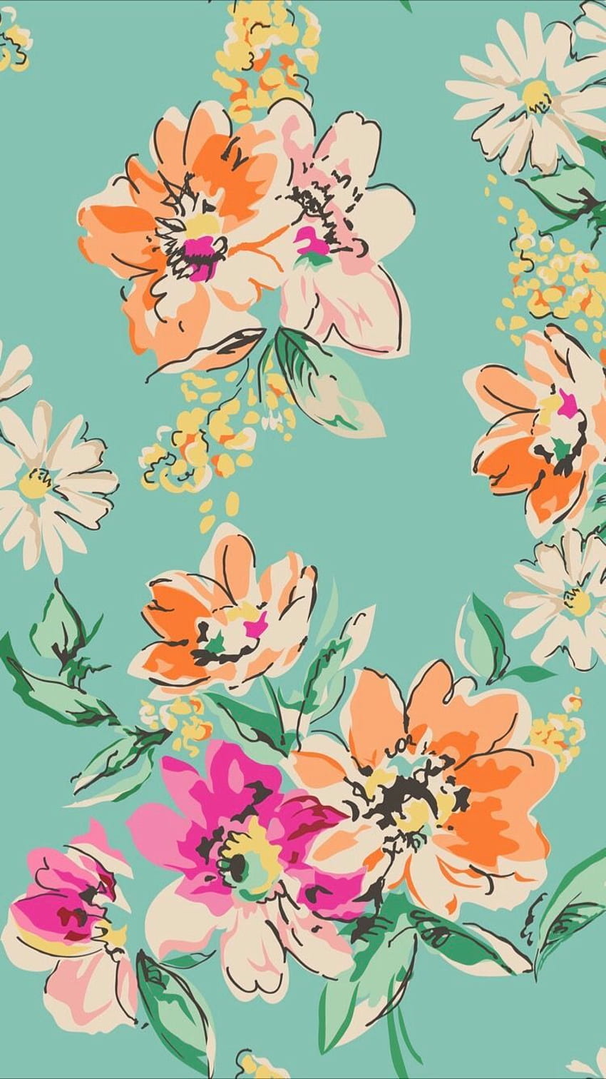 Ярко тюркоазен флорален пролетен принт Оранжев, магента, горещо розов, ментово цвете HD тапет за телефон