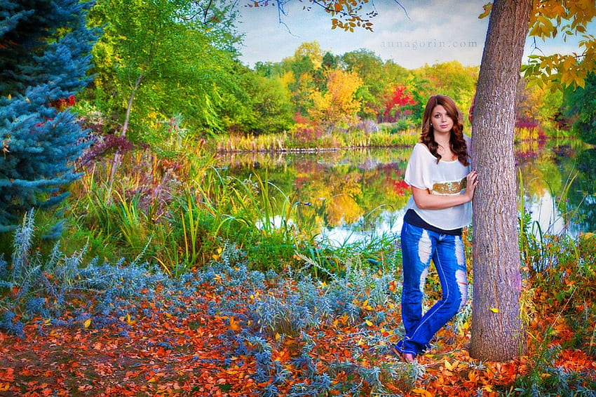Autumn Girl, no parque, privind, adolescente, toamna papel de parede HD