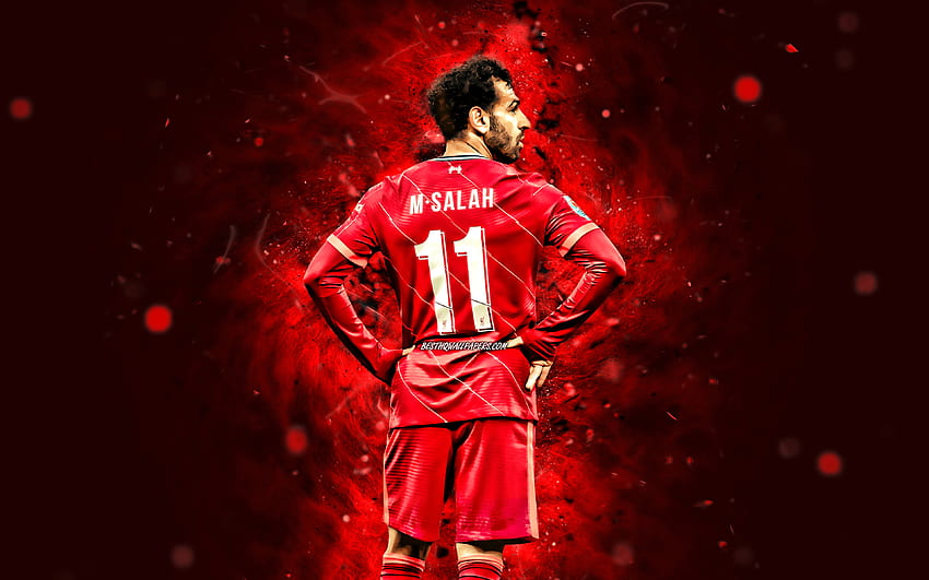 Mohamed Salah, 2022, Liverpool FC, back view, red neon light, egyptian footballers, Premier League, football, Mohamed Salah , soccer, Mo Salah, Mohamed Salah Liverpool วอลล์เปเปอร์ HD