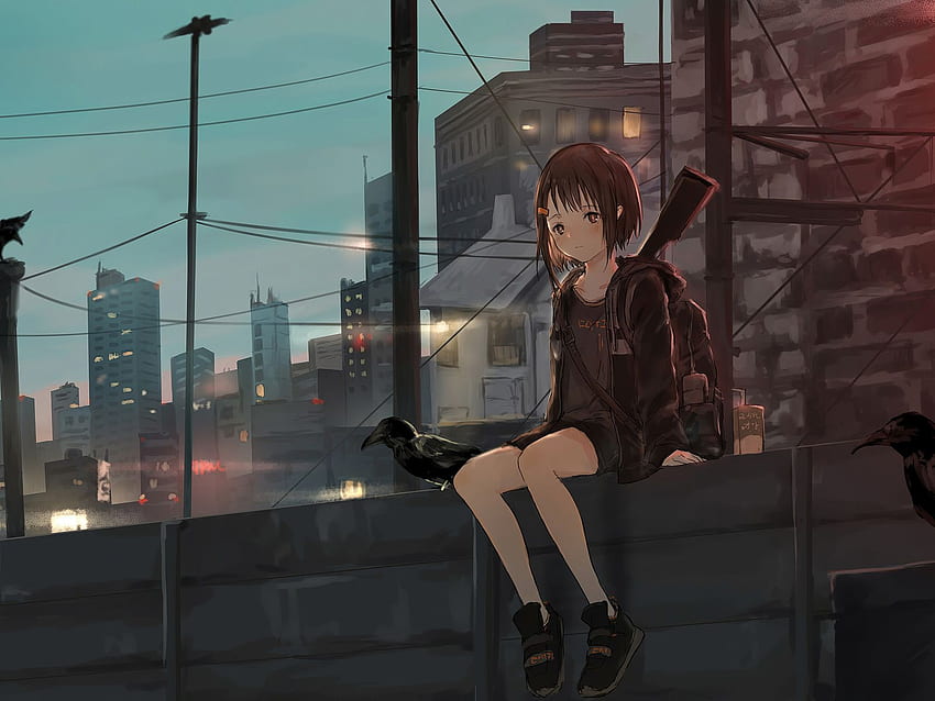 혼자 앉아있는 애니메이션 소녀 HD 월페이퍼