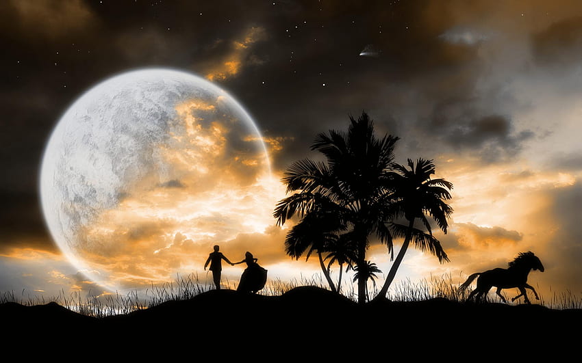This time tonight 5, by Welsragon, night, horse, moon, love, couple, welsragon, sky, tree HD wallpaper
