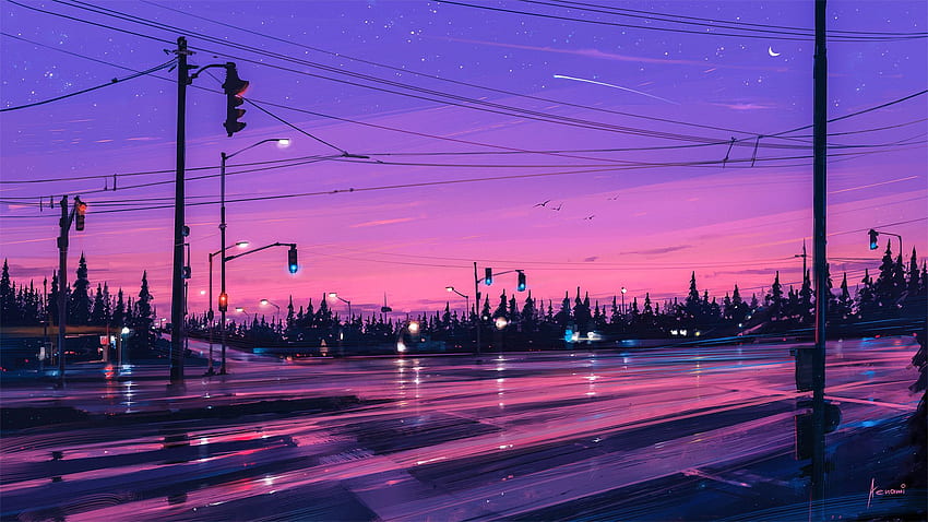 孤独な街灯 道路 ラップトップ フル、紫の通り 高画質の壁紙