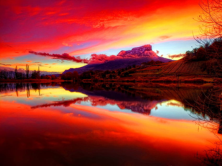 Red sky reflection, island, colorful, colors, beautiful, shore ...