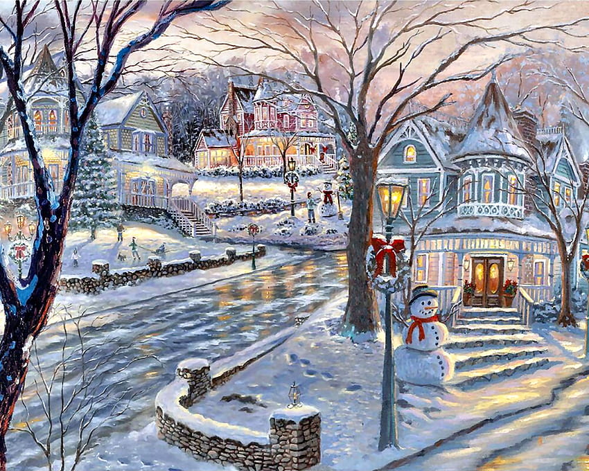 Cold Winter's Night F1C, winter, architecture, art, house, landscape, beautiful, cityscape, illustration, artwork, scenery, wide screen, painting, snow HD wallpaper