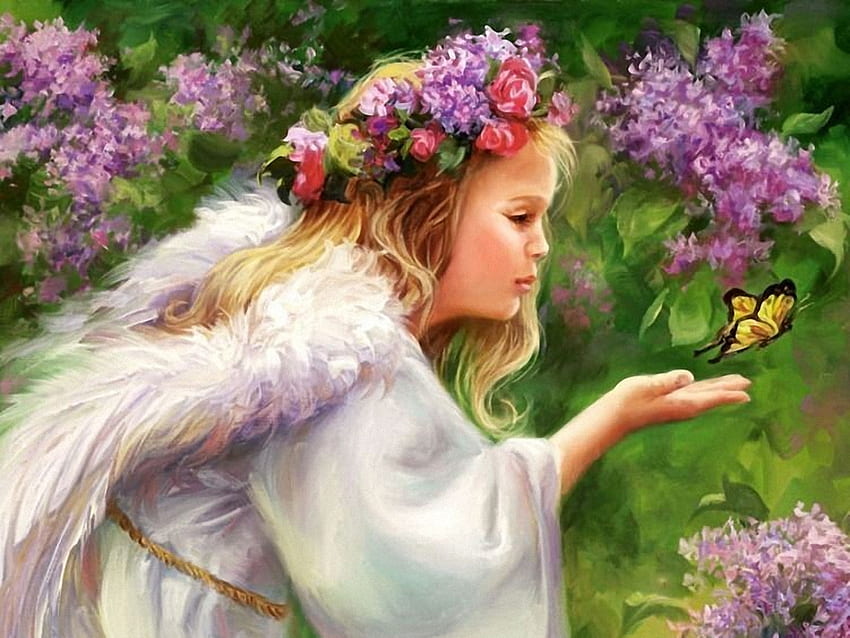 Fly little Butterfly, flowers, girl, painting, butterfly HD wallpaper