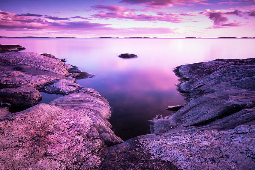Sunset , Scenery, Rocks, Lake, Purple sky, Pink, , Nature, Cool Purple HD wallpaper