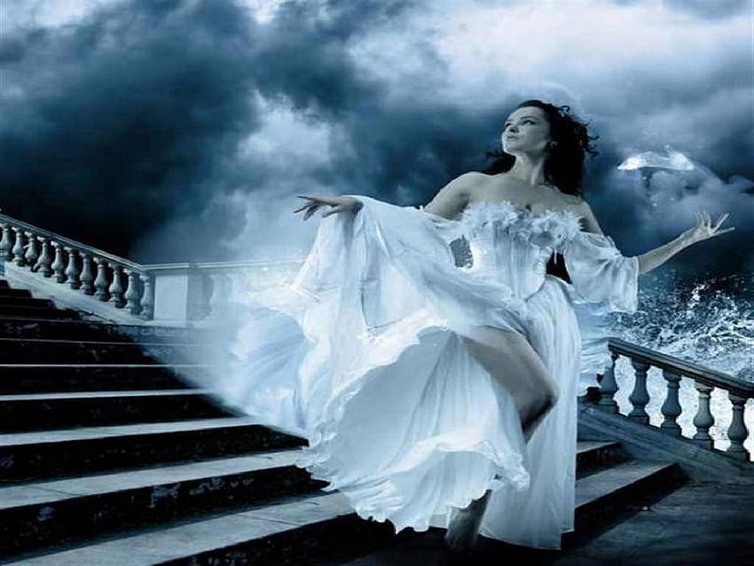 angel on the stairs, angel, stairs, fantasy HD wallpaper