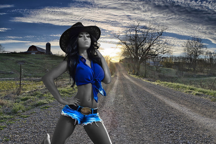 Strada per il ranch. ., stile, cowgirl, divertimento, brune, moda, all'aperto, ranch, strada, ragazze, donne, modelli, western, cappelli, femmina Sfondo HD