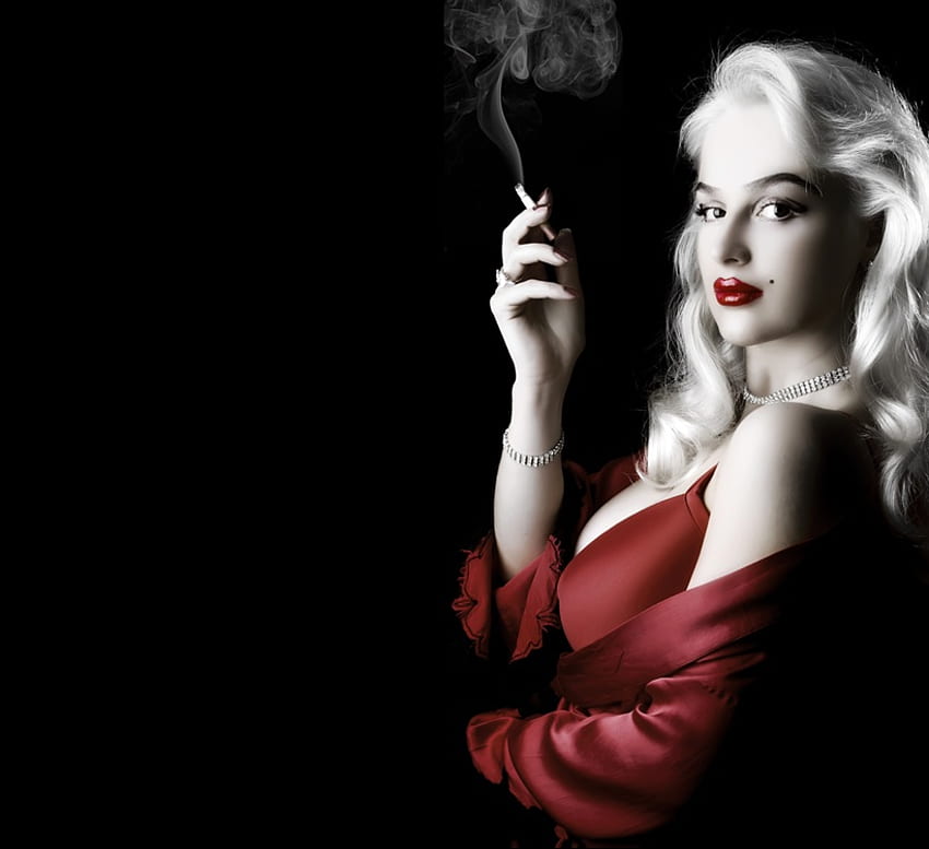 Ruby-Lipped Blonde, model, blonde, smoking, necklace, people, female HD wallpaper