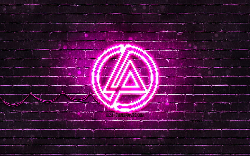 Лилаво лого на Linkin Park, , музикални звезди, лилава тухлена стена, лого на Linkin Park, марки, неоново лого на Linkin Park, Linkin Park HD тапет