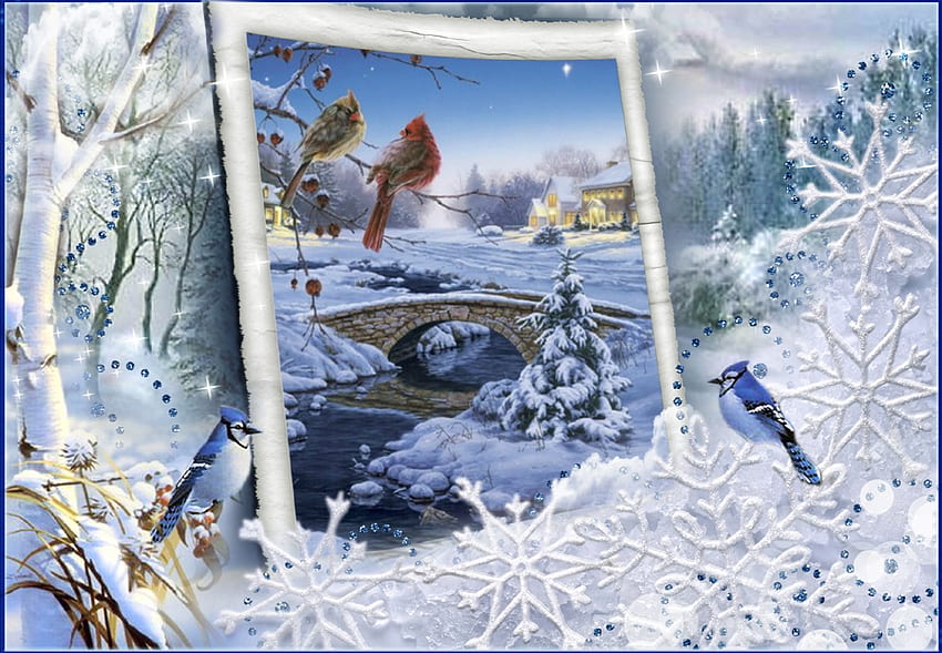 Birds near the bridge, blue, pastel, winter, white, birds, cold, soft, snowflakes, abstract, pretty, snow HD wallpaper