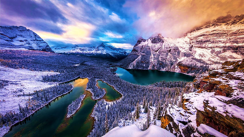 Yoho national Park, Lake O'hara, British Columbia, Canada, snow, reflections, winter, clouds, sky, water, mountains HD wallpaper