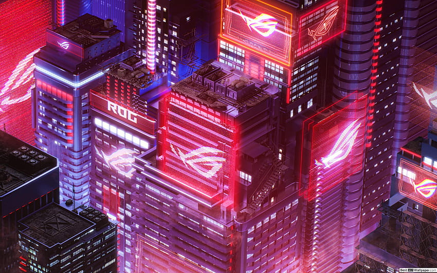 Asus ROG (Republika Graczy) - Red Alert (Cyber ​​City), Neon City Red Tapeta HD