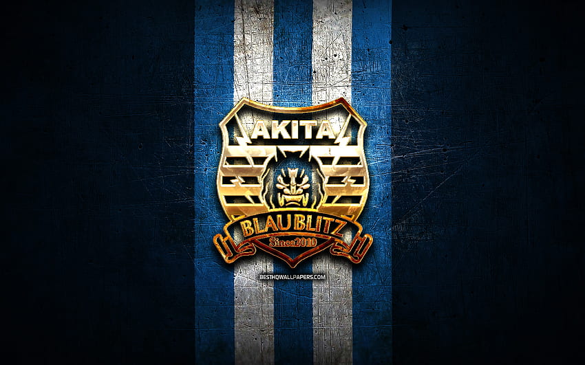 Blaublitz Akita FC, golden logo, J2 League, blue metal background, football, japanese football club, Blaublitz Akita logo, Blaublitz Akita HD wallpaper