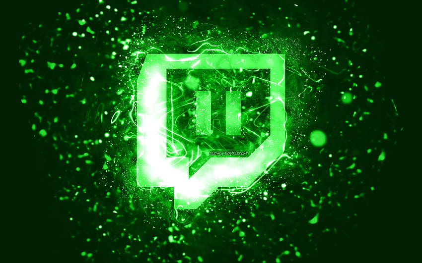 Зелено лого на Twitch, , зелени неонови светлини, творчески, зелен абстрактен фон, лого на Twitch, социална мрежа, Twitch HD тапет