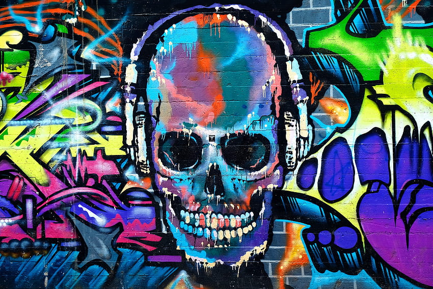 Grafite, caveira, colorido, arte de rua papel de parede HD